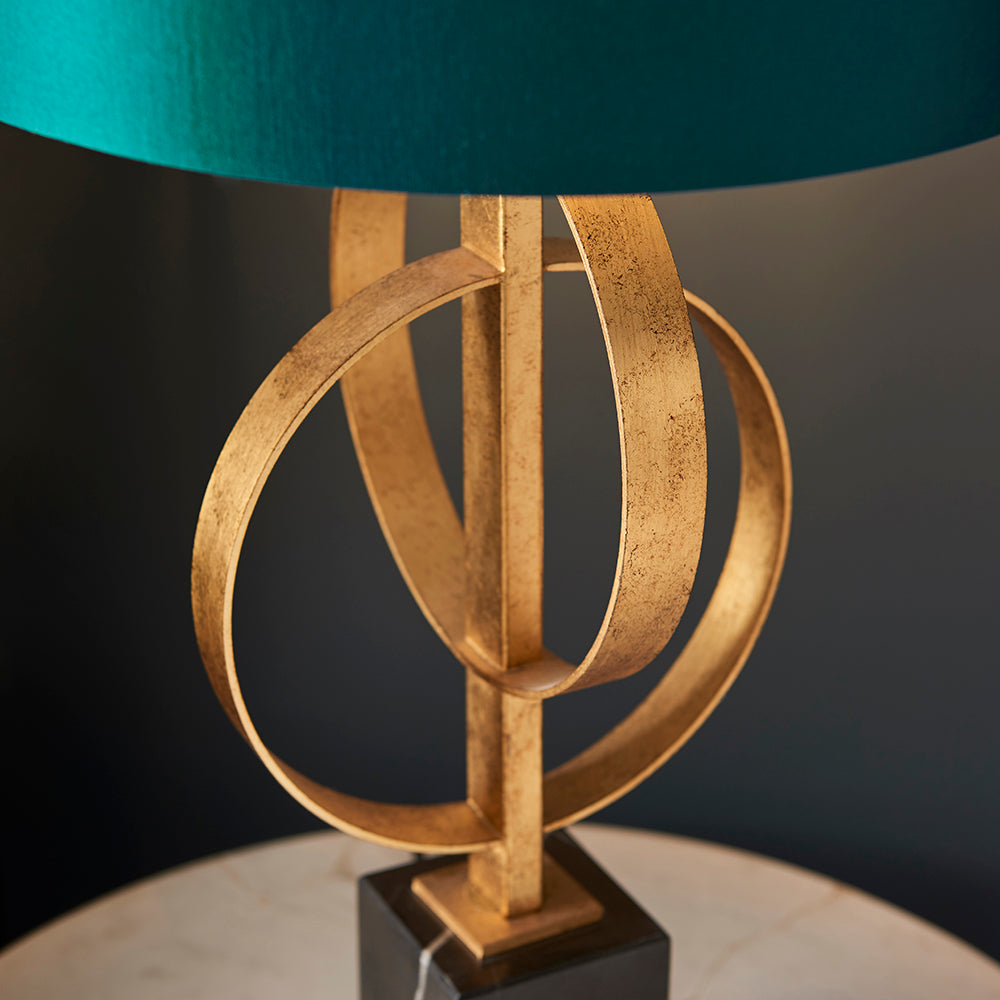 Hoop Detail Table Lamp In Gold Leaf With Teal Satin Fabric & Marble Base - ID 11186
