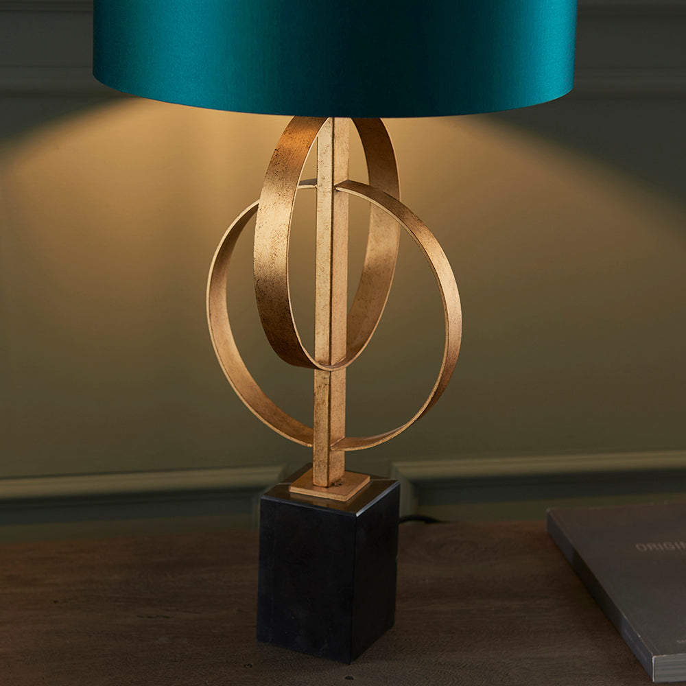 Hoop Detail Table Lamp In Gold Leaf With Teal Satin Fabric & Marble Base - ID 11186