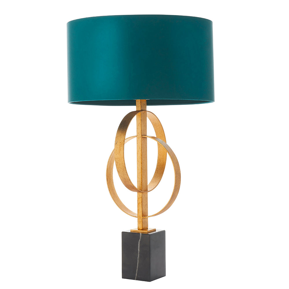 Hoop Detail Table Lamp In Gold Leaf With Teal Satin Fabric & Marble Base - ID 11186