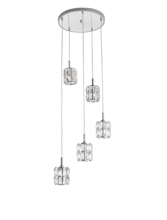 NIC Crystal & Chrome Aluminium 5 Light Multiple Drop Pendant - ID 10560