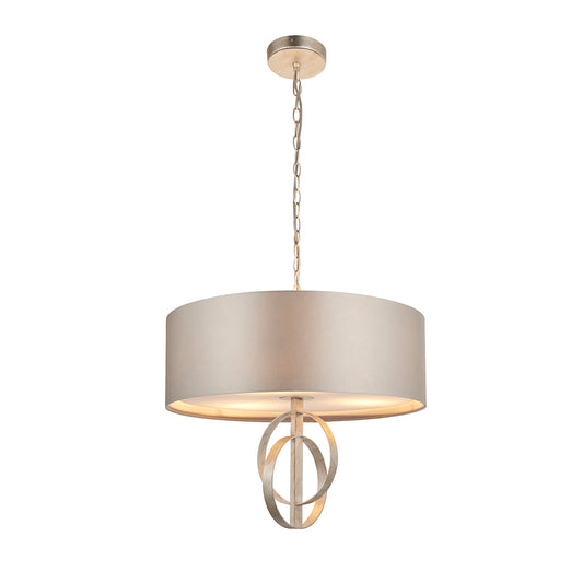 Hoop Detail Medium Three Light Pendant In Silver Leaf With Mink Satin Fabric - ID 11171