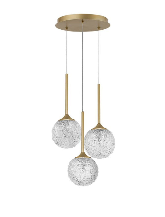 MIRA Clear Structured Glass & Brass Gold Steel 3 Light Multi Pendant - ID 10548