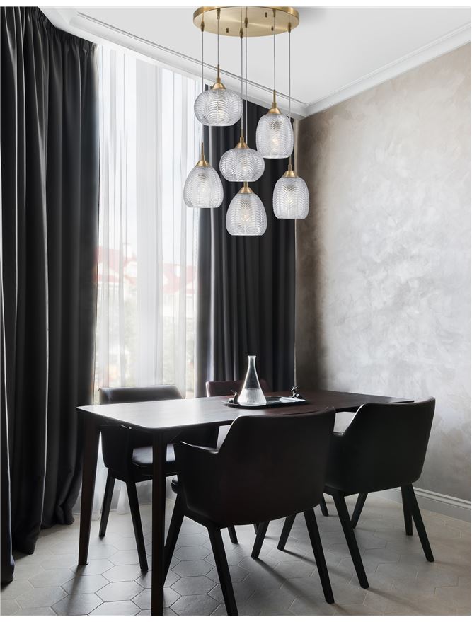 VAR Clear Waved Glass & Satin Gold Metal 5 Light Multi Pendant - ID 10032