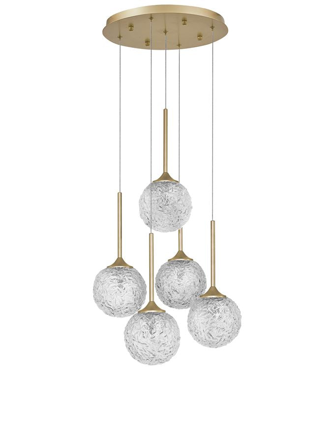 MIRA Clear Structured Glass & Brass Gold Steel 5 Light Multi Pendant - ID 10549