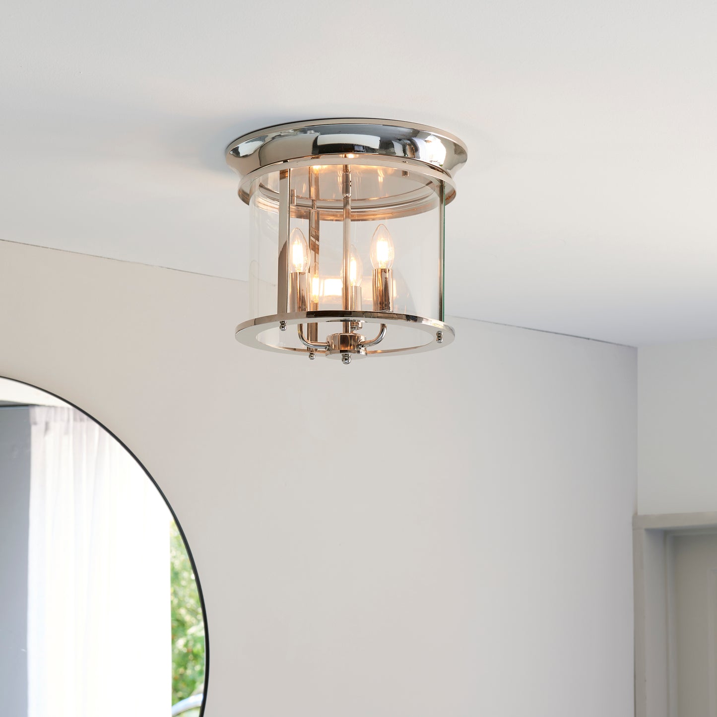 Nickel & Clear Glass Flush Ceiling 3 Lamp Ceiling Lantern - ID 11586