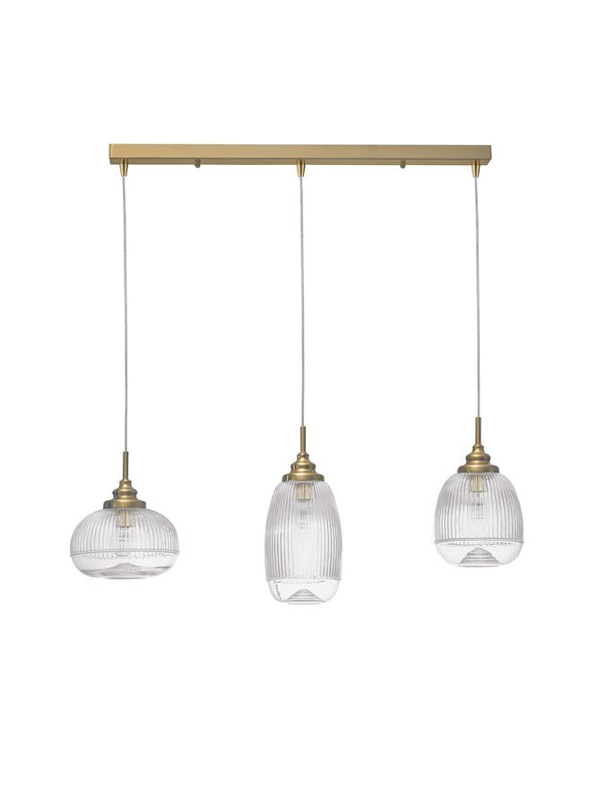 MON Clear Lined Enclosed Glass & Gold Metal 3 Light Linear Bar Pendant - ID 10028