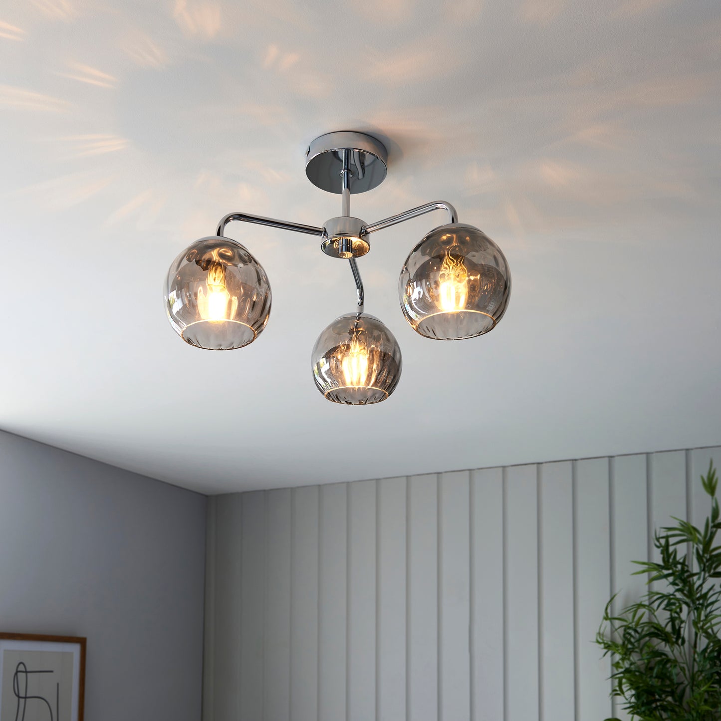 Chrome & Smokey Mirrored Glass 3 Arm Semi Flush Ceiling Light - ID 11879