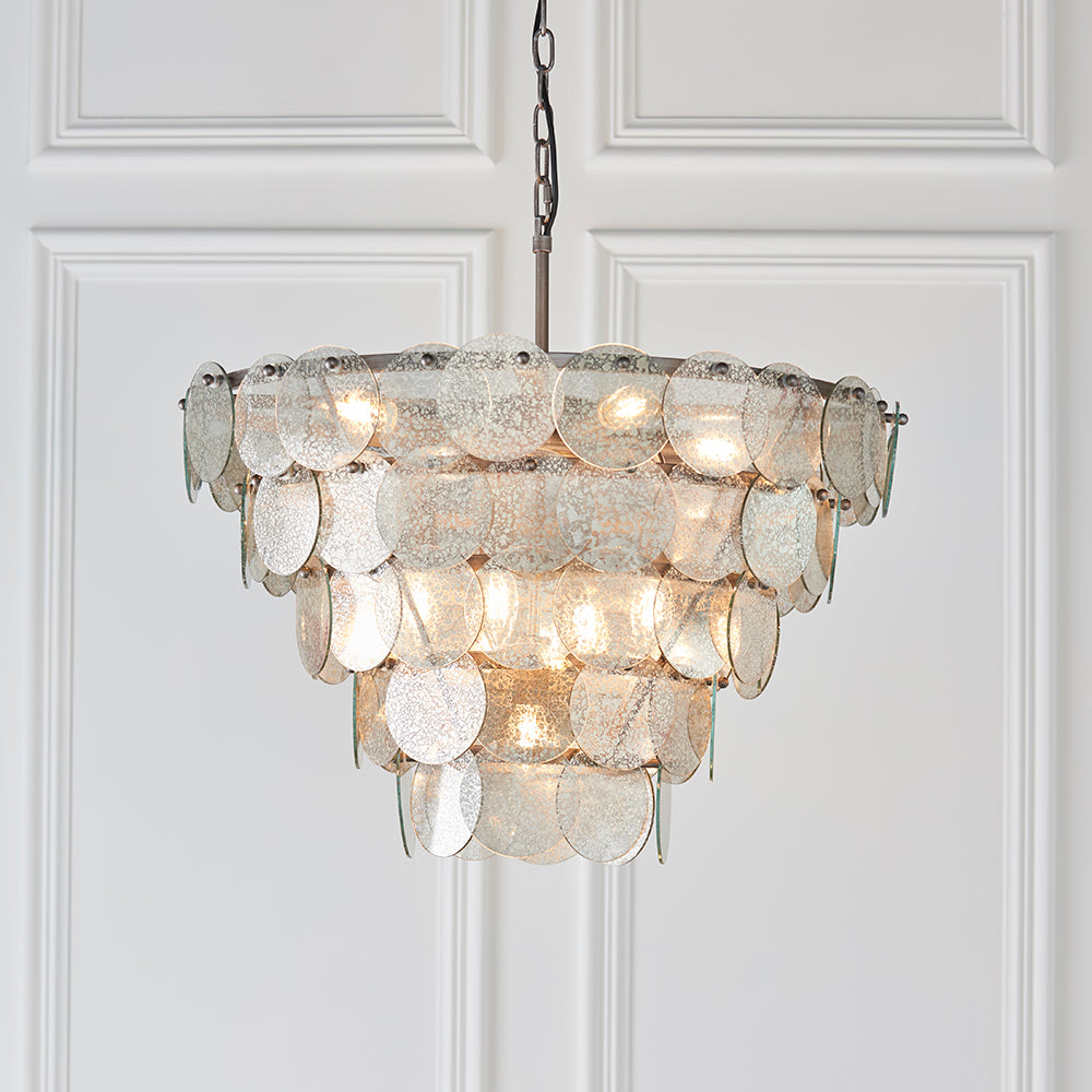 Tiered Chandelier with Mercury Effect Glass & Antique Silver Finish Metalwork - ID 11124