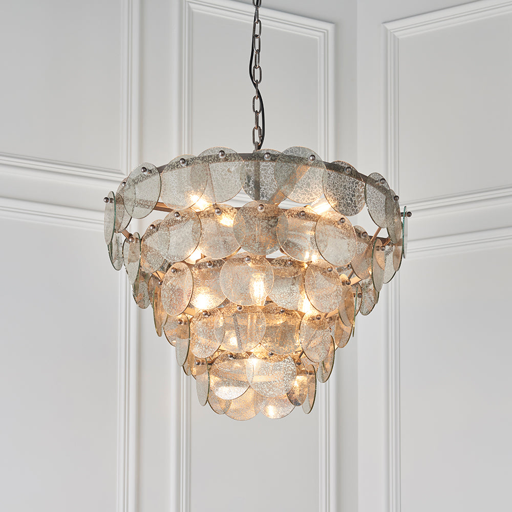 Tiered Chandelier with Mercury Effect Glass & Antique Silver Finish Metalwork - ID 11124