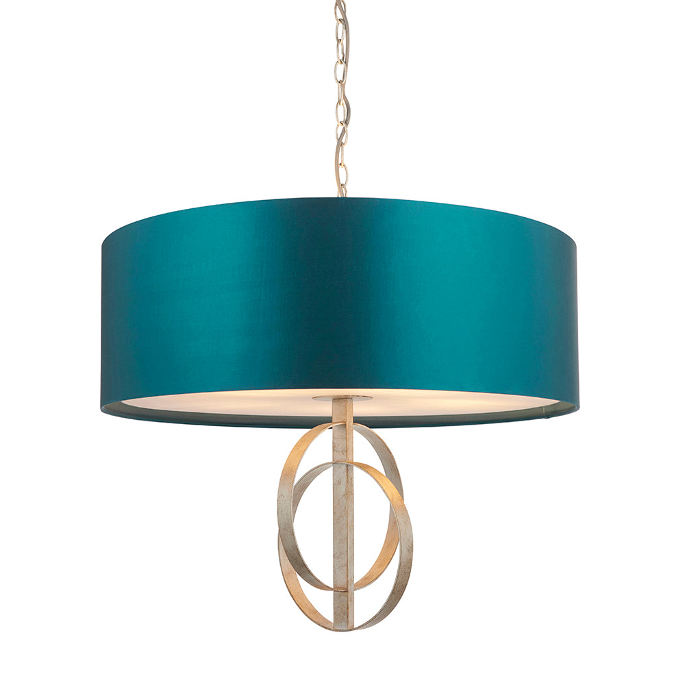 Hoop Detail Large Five Light Pendant In Silver Leaf With Teal Satin Fabric - ID 11175