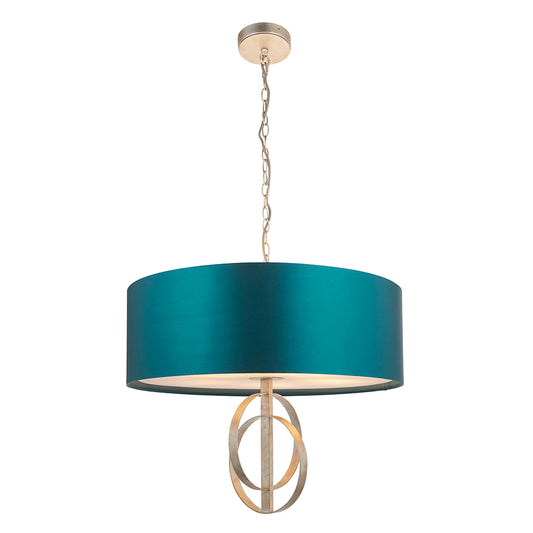 Hoop Detail Large Five Light Pendant In Silver Leaf With Teal Satin Fabric - ID 11175