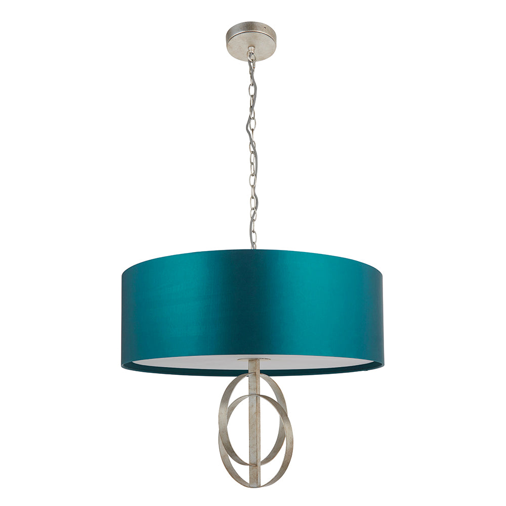 Hoop Detail Large Five Light Pendant In Silver Leaf With Teal Satin Fabric - ID 11175
