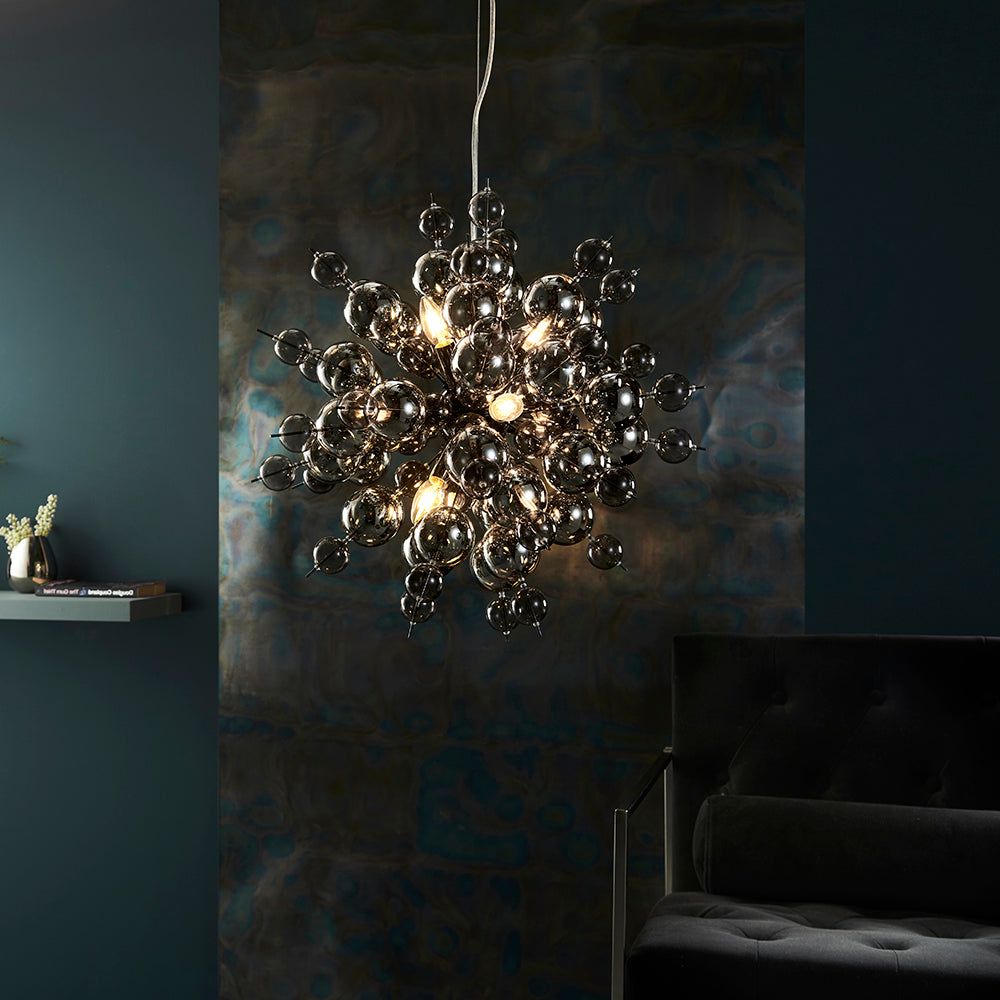 Smoked Mirror & Tinted Glass Chandelier With Black Chrome Metalwork - ID 11121