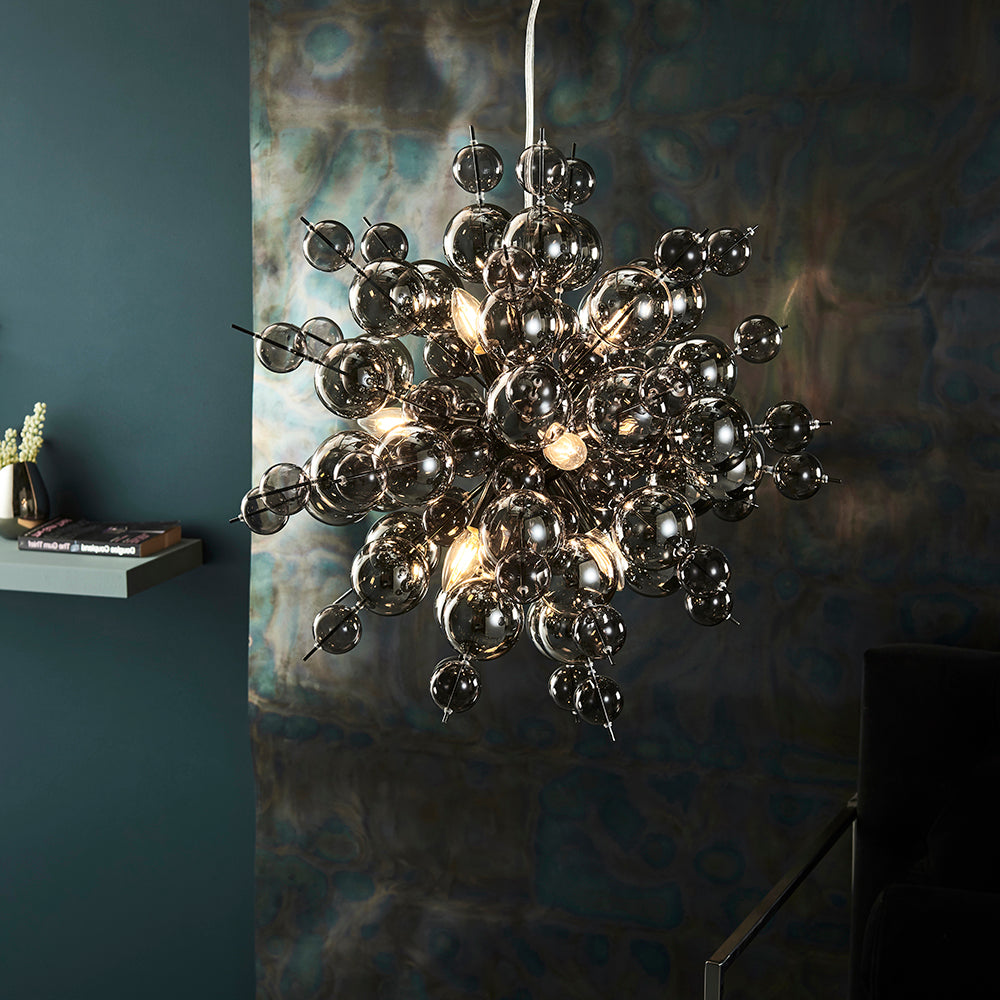 Smoked Mirror & Tinted Glass Chandelier With Black Chrome Metalwork - ID 11121