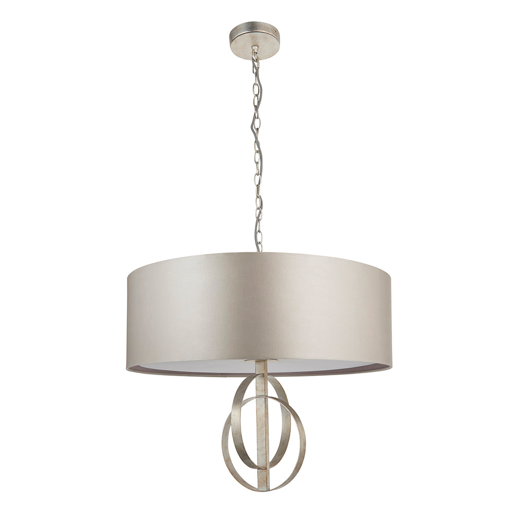 Hoop Detail Large Five Light Pendant In Silver Leaf With Mink Satin Fabric - ID 11170