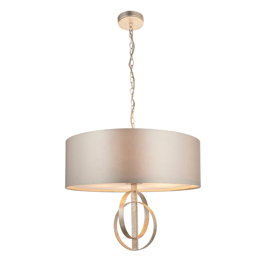 Hoop Detail Large Five Light Pendant In Silver Leaf With Mink Satin Fabric - ID 11170