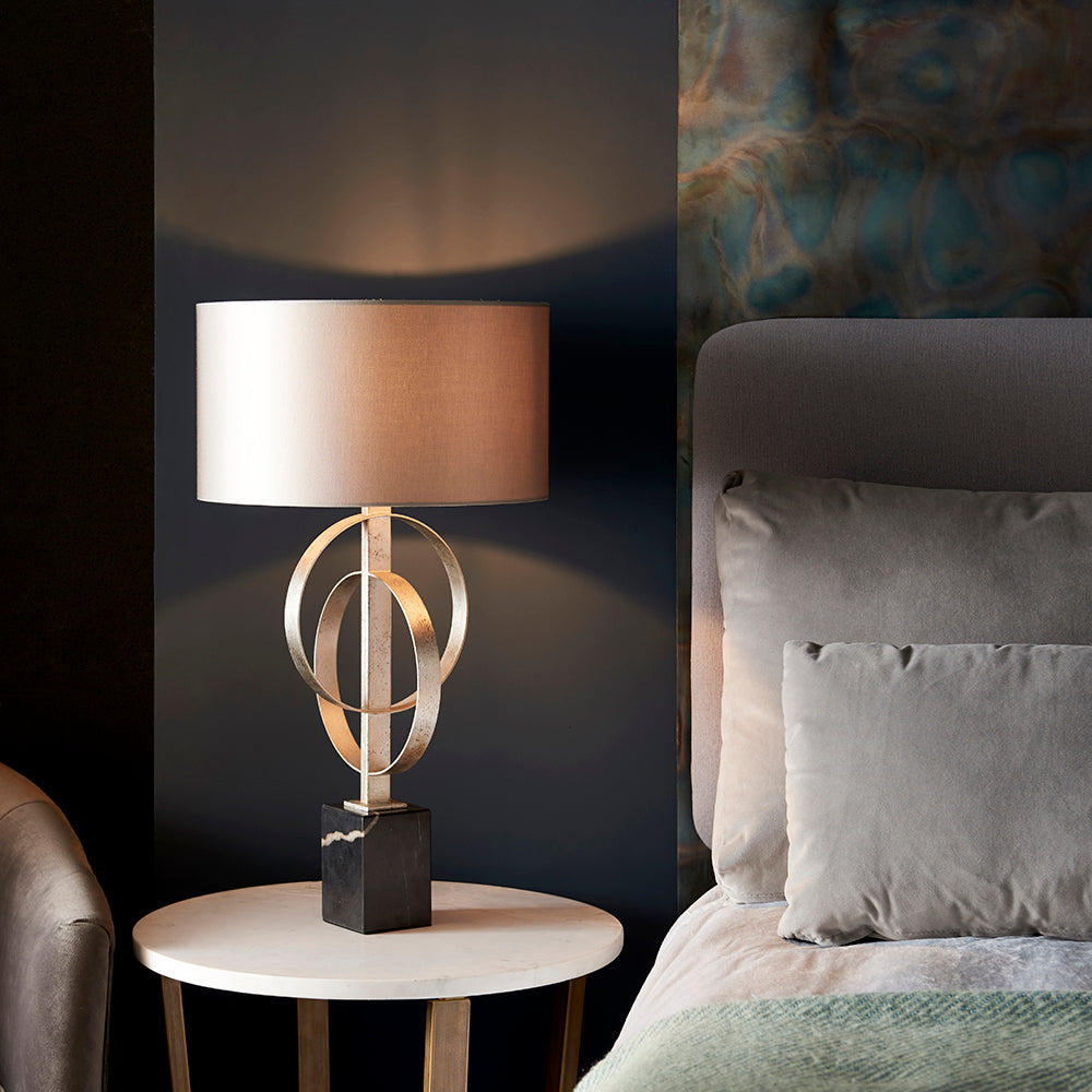 Hoop Detail Table Lamp In Silver Leaf With Mink Satin Fabric & Marble Base - ID 11173