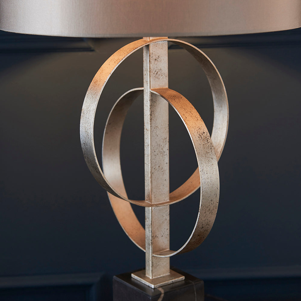 Hoop Detail Table Lamp In Silver Leaf With Mink Satin Fabric & Marble Base - ID 11173