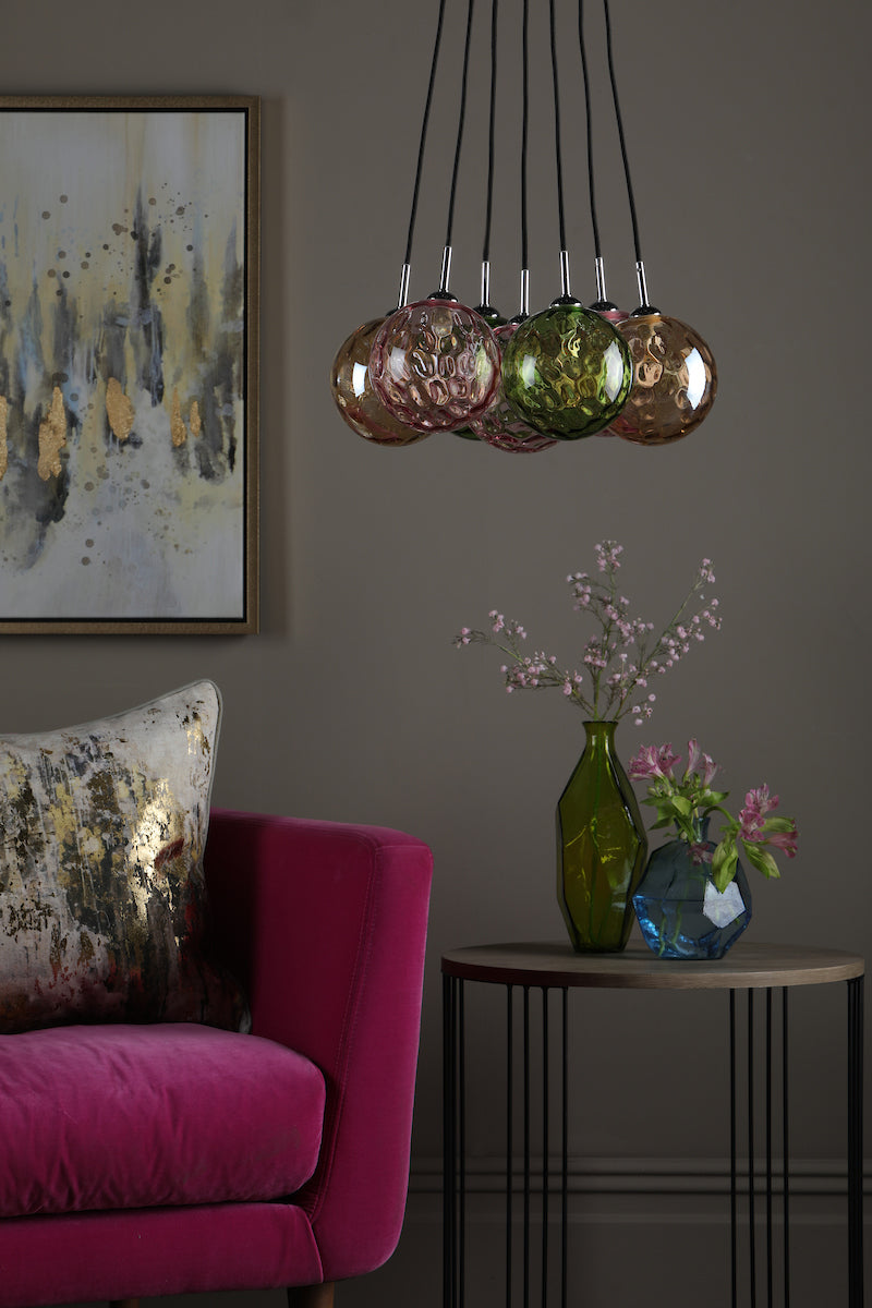 DIMPLE 7 Light Cluster Pendant In Polished Chrome With Mixed Coloured Dimpled Glass - ID 12198