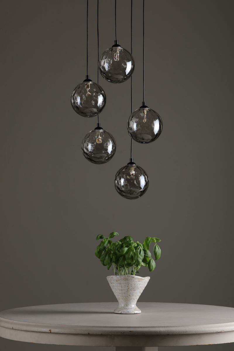 DIMPLE 5 Light Multi Pendant In Matt Black With Smoked Dimpled Glass - ID 12197