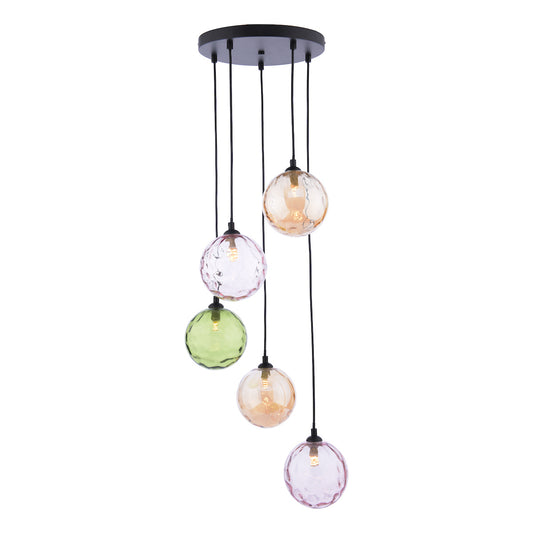 DIMPLE 5 Light Multi Pendant In Matt Black With Mixed Coloured Dimpled Glass - ID 12195