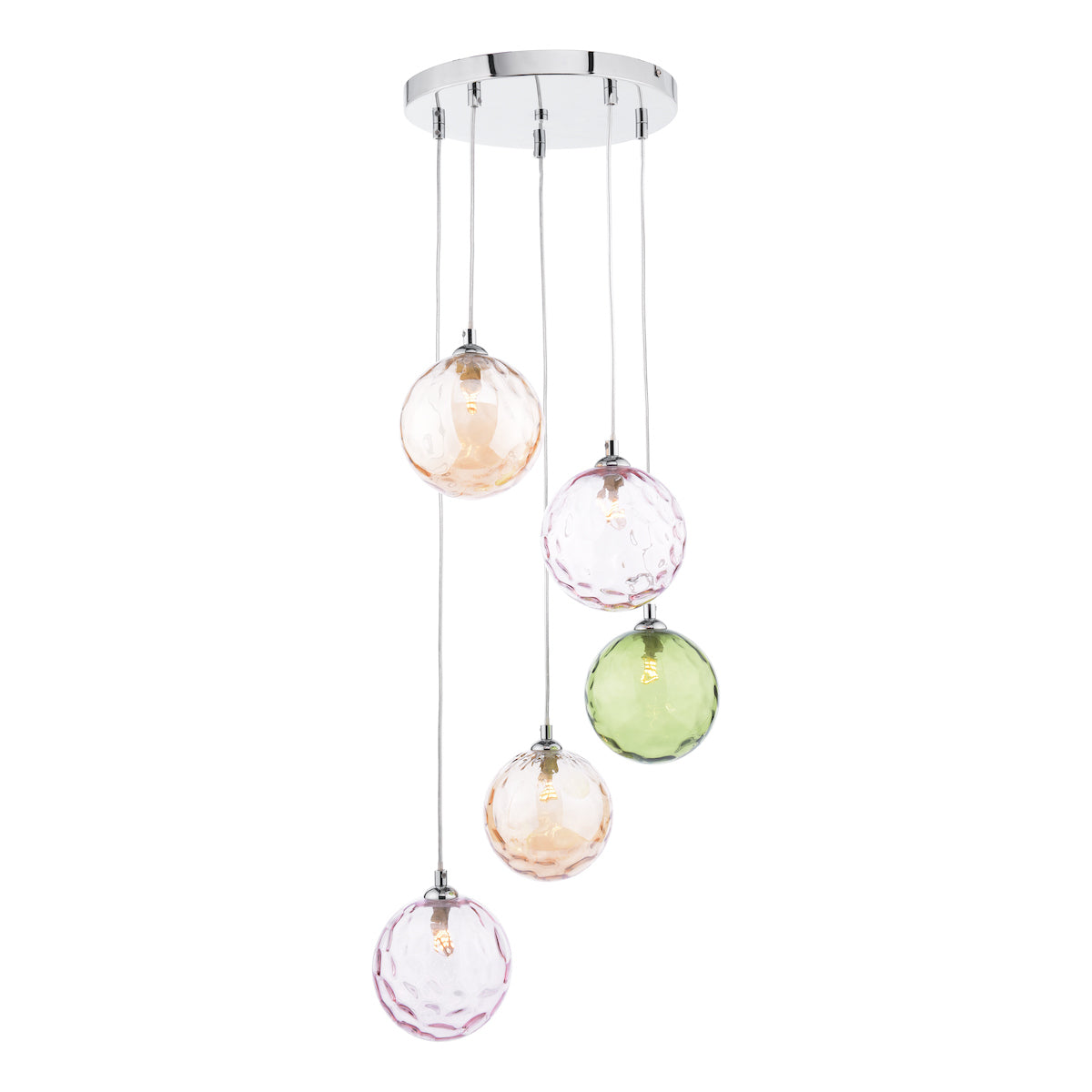 DIMPLE 5 Light Multi Pendant In Polished Chrome With Mixed Coloured Dimpled Glass - ID 12192