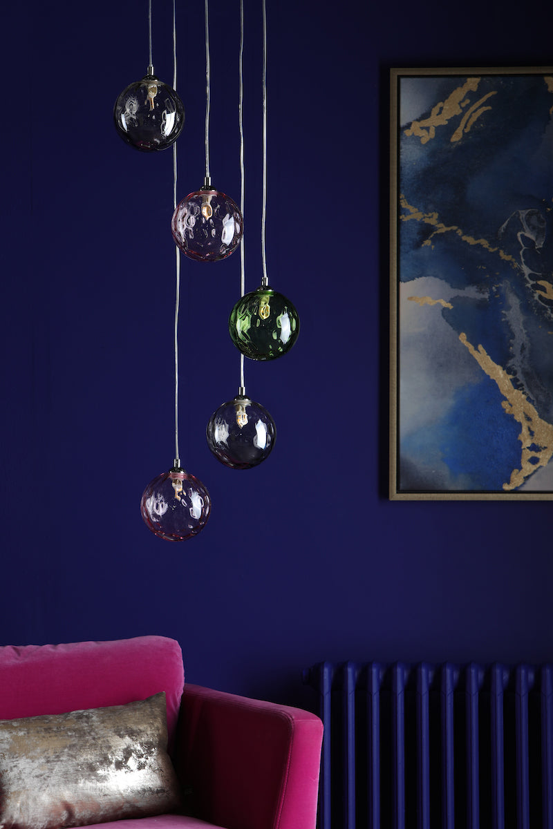 DIMPLE 5 Light Multi Pendant In Polished Chrome With Mixed Coloured Dimpled Glass - ID 12192