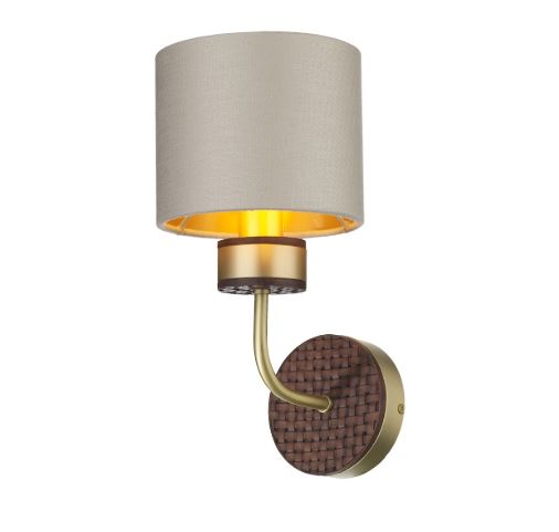 Hunter Brass & Brown Wall Light With Limestone & Gold Linen Shade (Shade Colour Options Available) - ID 10273
