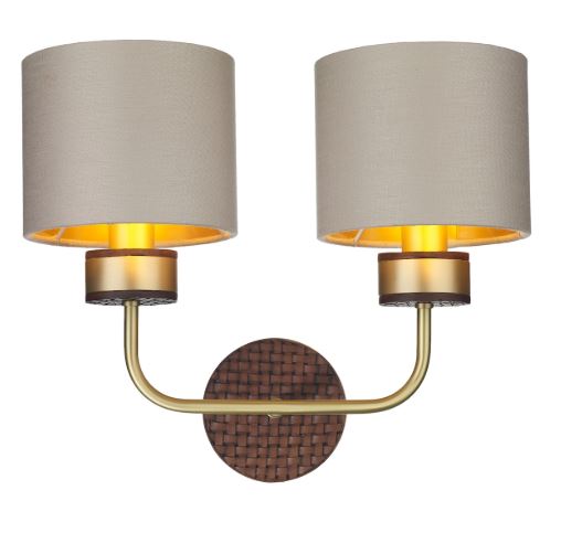 Hunter Brass & Brown Double Wall Light With Limestone & Gold Linen Shades (Shade Colour Options Available) - ID 10275