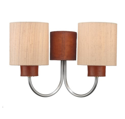 Saddler Brushed Silver & Tan Double Wall Light With Taupe Silk Shades - ID 4475