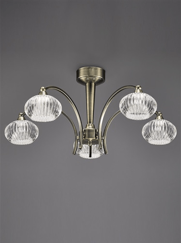 Farr Ceiling 5 Light in Antique Brass With Ribbed Glass Shades - ID 5708