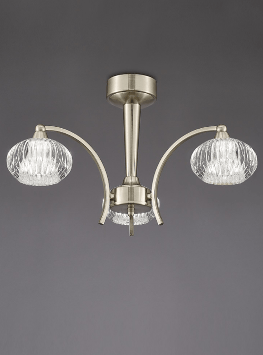 Farr Ceiling 3 Light in Satin Nickel With Ribbed Glass Shades - ID 6348