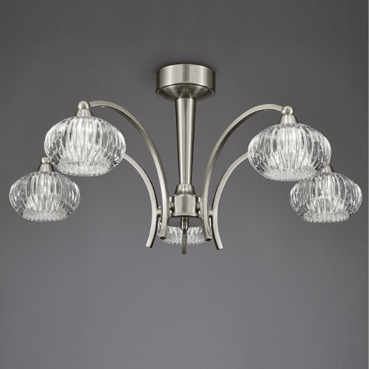 Farr Ceiling 5 Light in Satin Nickel With Ribbed Glass Shades - ID 6036