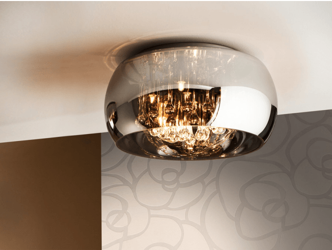 Smoked Glass & Chrome Medium 5 Light Flush Ceiling Light With Crystal Drops - ID 7868