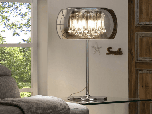 Smoked Glass & Chrome 4 Light Large Table Lamp With Crystal Drops - ID 8742