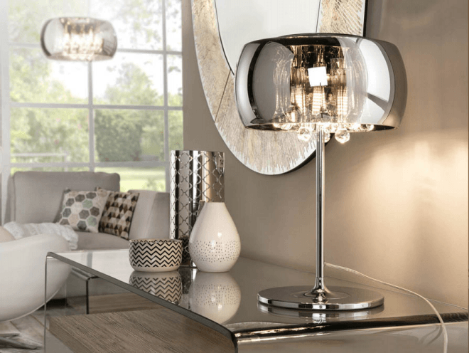 Smoked Glass & Chrome 3 Light Medium Table Lamp With Crystal Drops - ID 8743