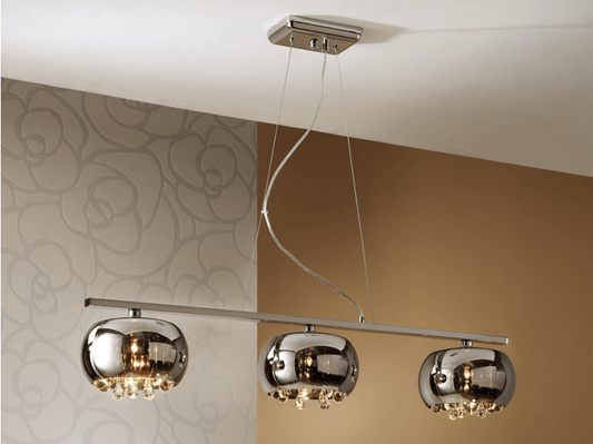 Smoked Glass & Chrome 3 Light Linear Suspension Pendant With Crystal Drops - ID 7866