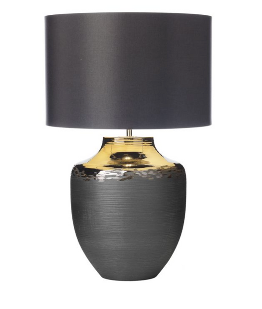 Handmade Ceramic & Bronze Table Lamp With Dark Grey Satin Drum Shade - ID 8170 - DISCONTINUED