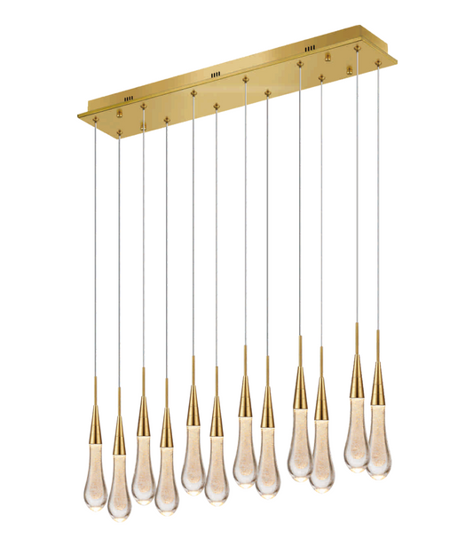 TOR Glass Droplet 12 Light Linear Pendant With Gold Detailing - ID 11515