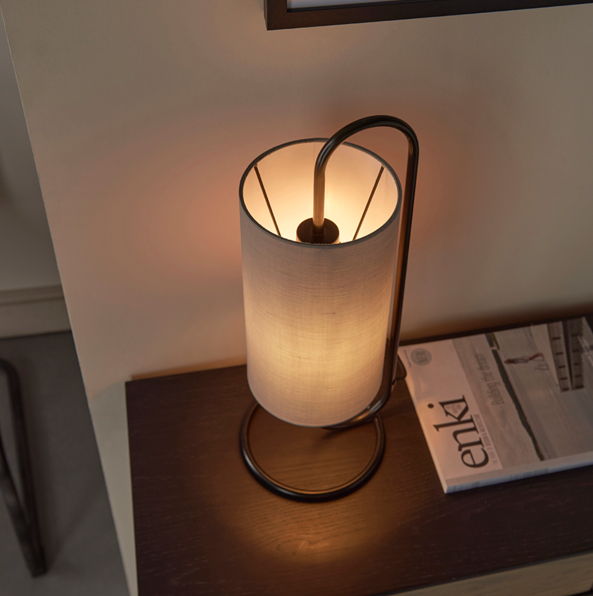 Oval structural matt black table light with grey fabric shade - ID 11400