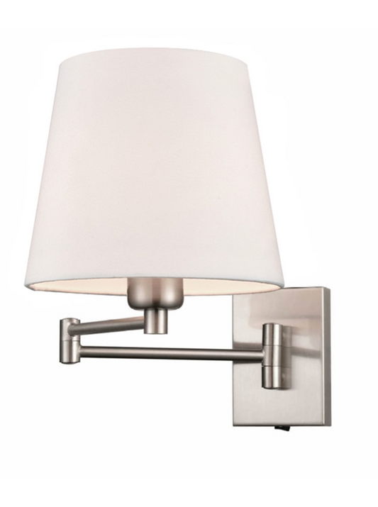 Satin Nickel Swing Arm Switched Wall Bracket, Off White Linen Shade - ID 12032