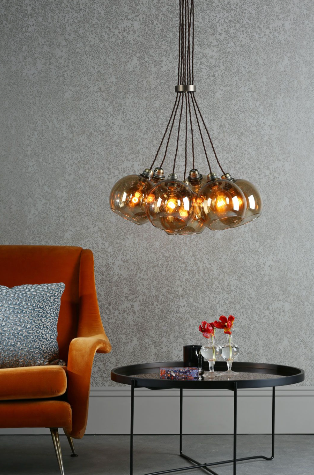Seven Light Cluster Pendant, Brass and Amber - ID 12065