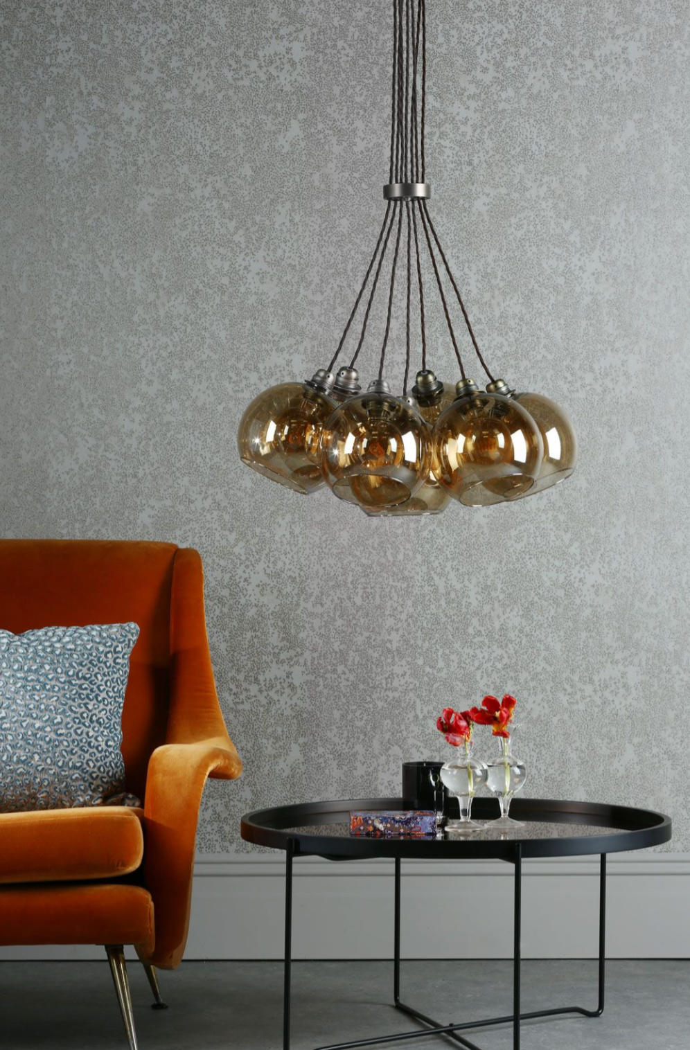 Seven Light Cluster Pendant, Brass and Amber - ID 12065