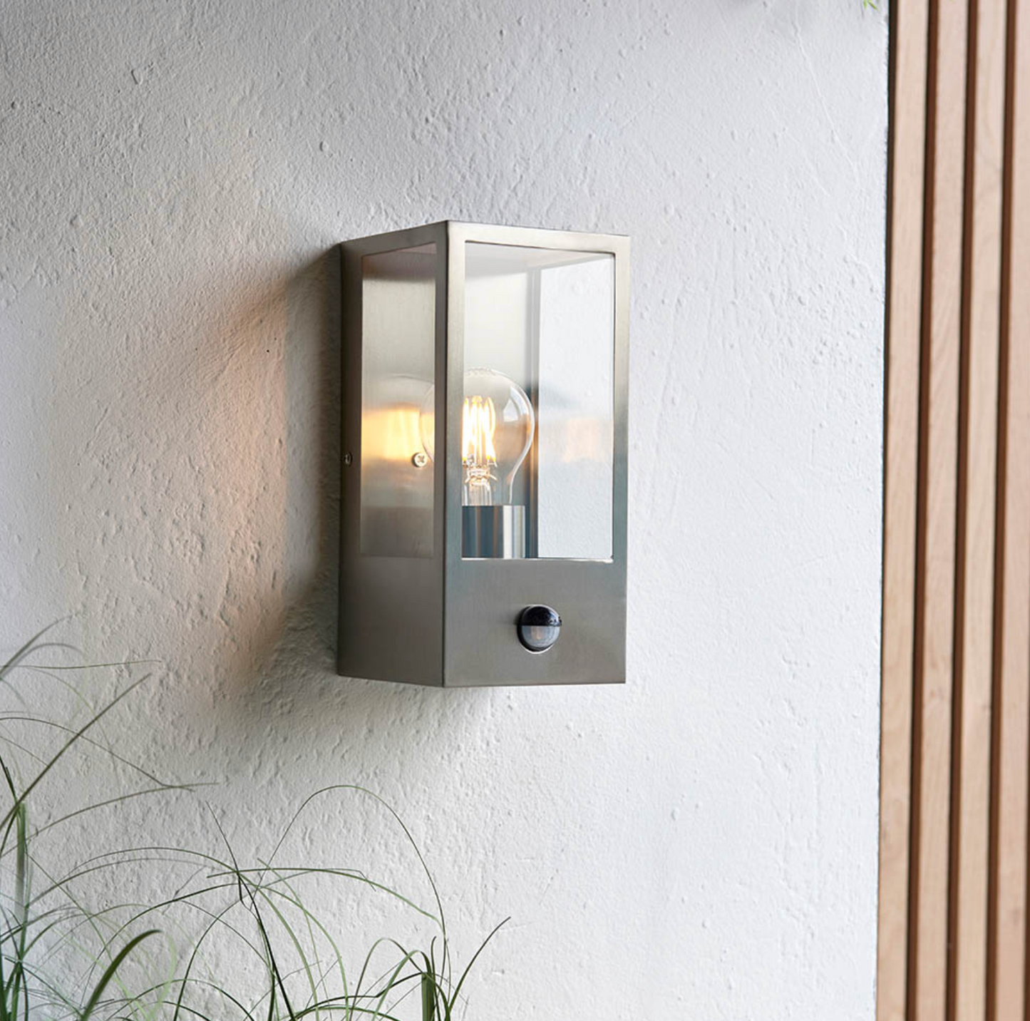 Hadlow PIR Outdoor Box Lantern Brushed Stainless Steel - ID 12069