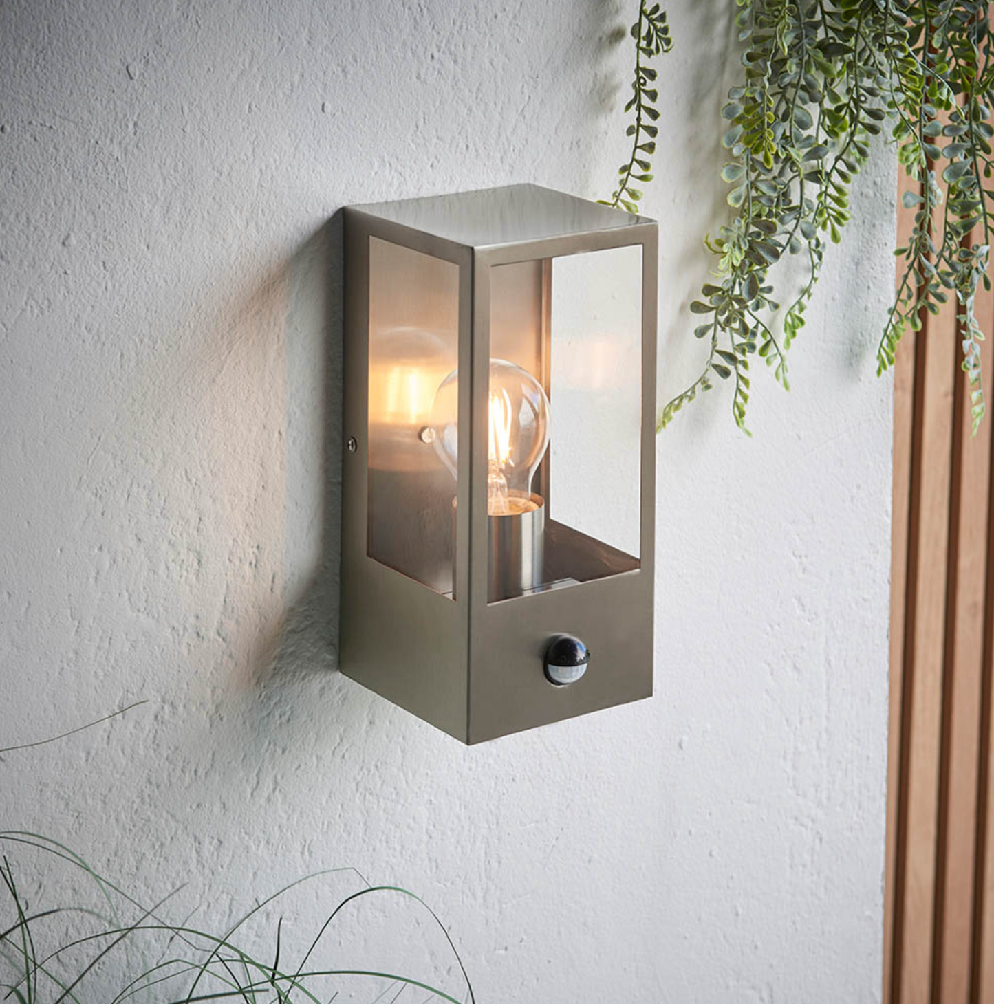Hadlow PIR Outdoor Box Lantern Brushed Stainless Steel - ID 12069
