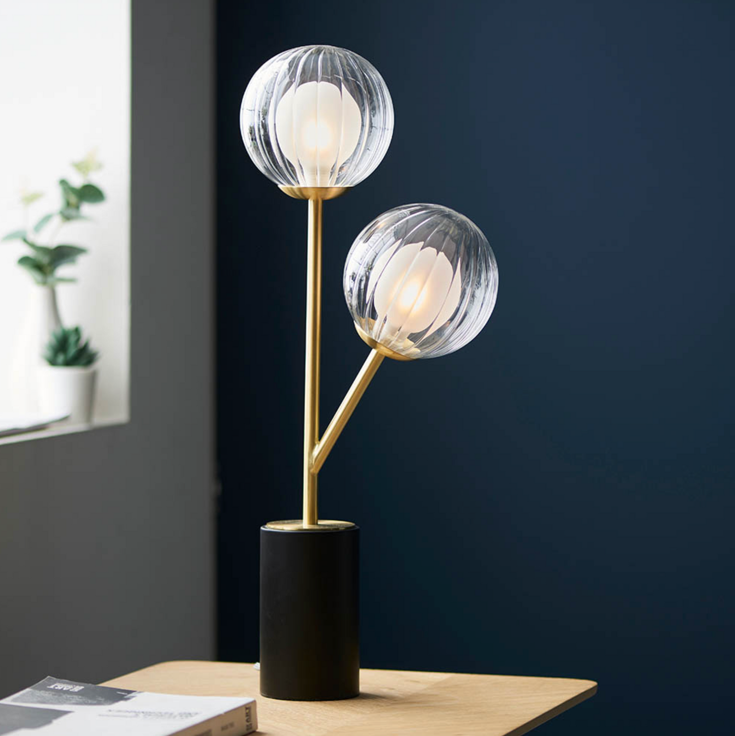 2 Light Table Lamp, Satin Brass & Brass - ID 12094