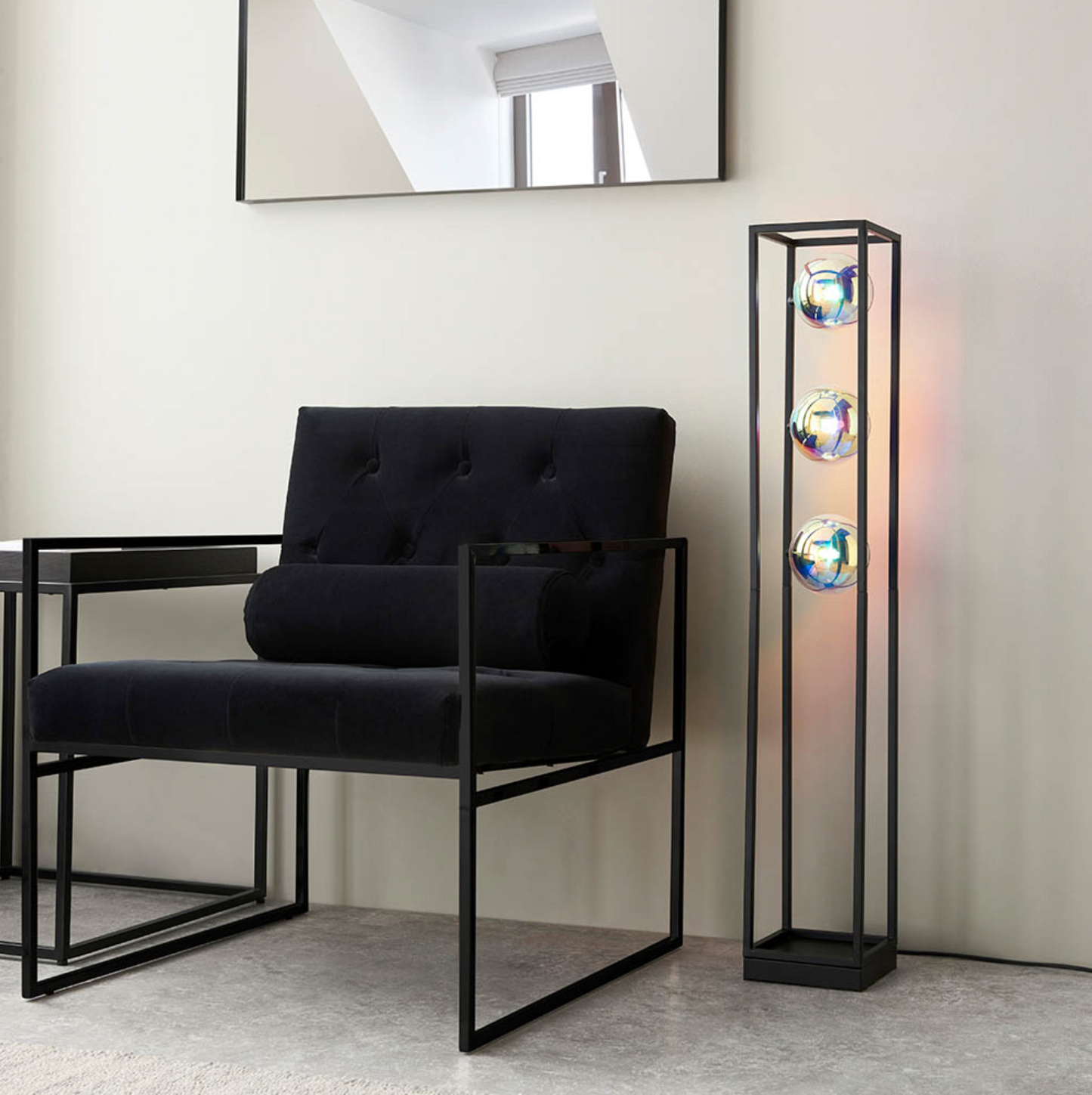 Matt Black Open Frame Floor Light With Iridescent Glass - ID 12102