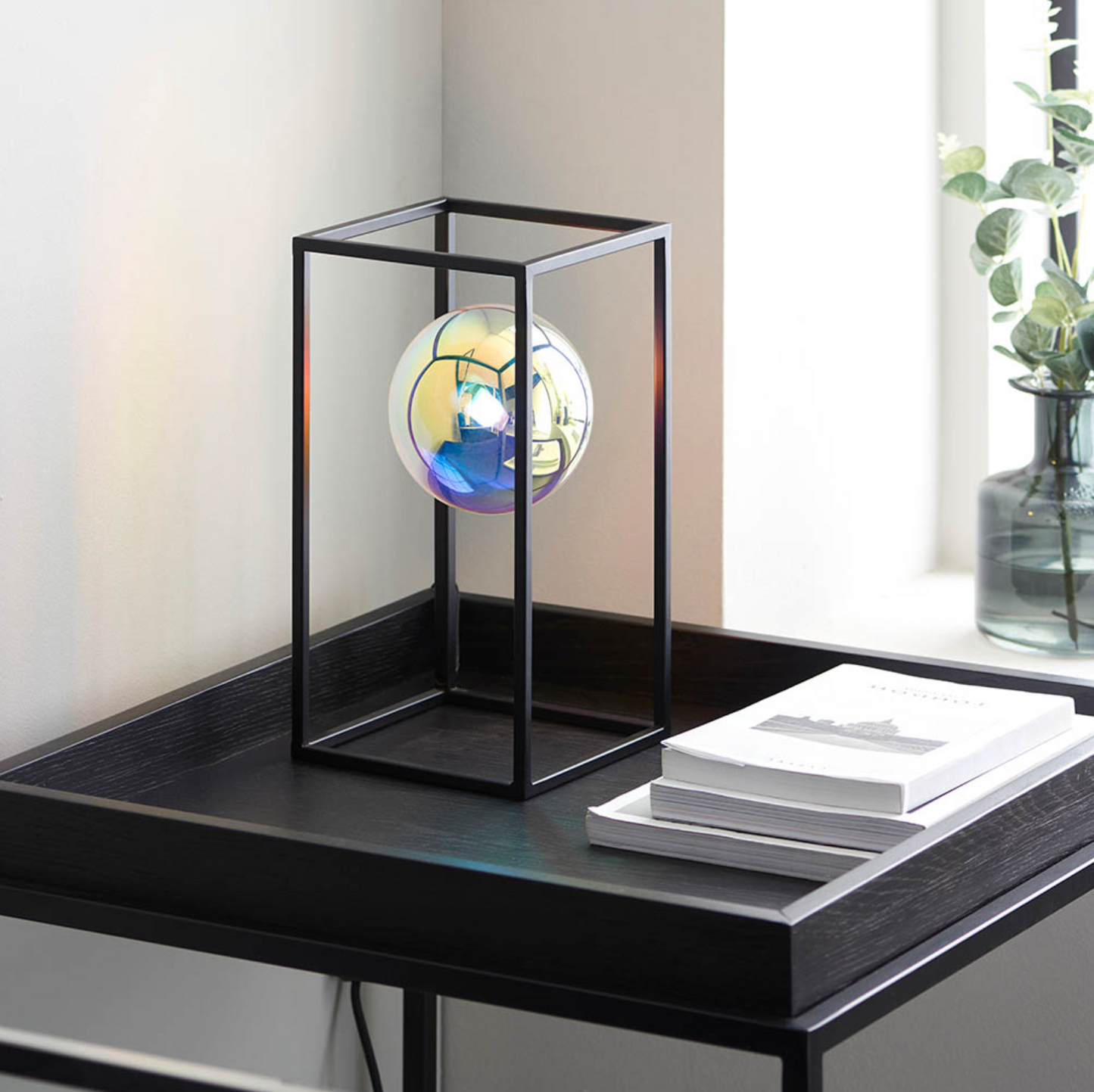 Matt Black Open Frame Table Light With Iridescent Glass - ID 12103