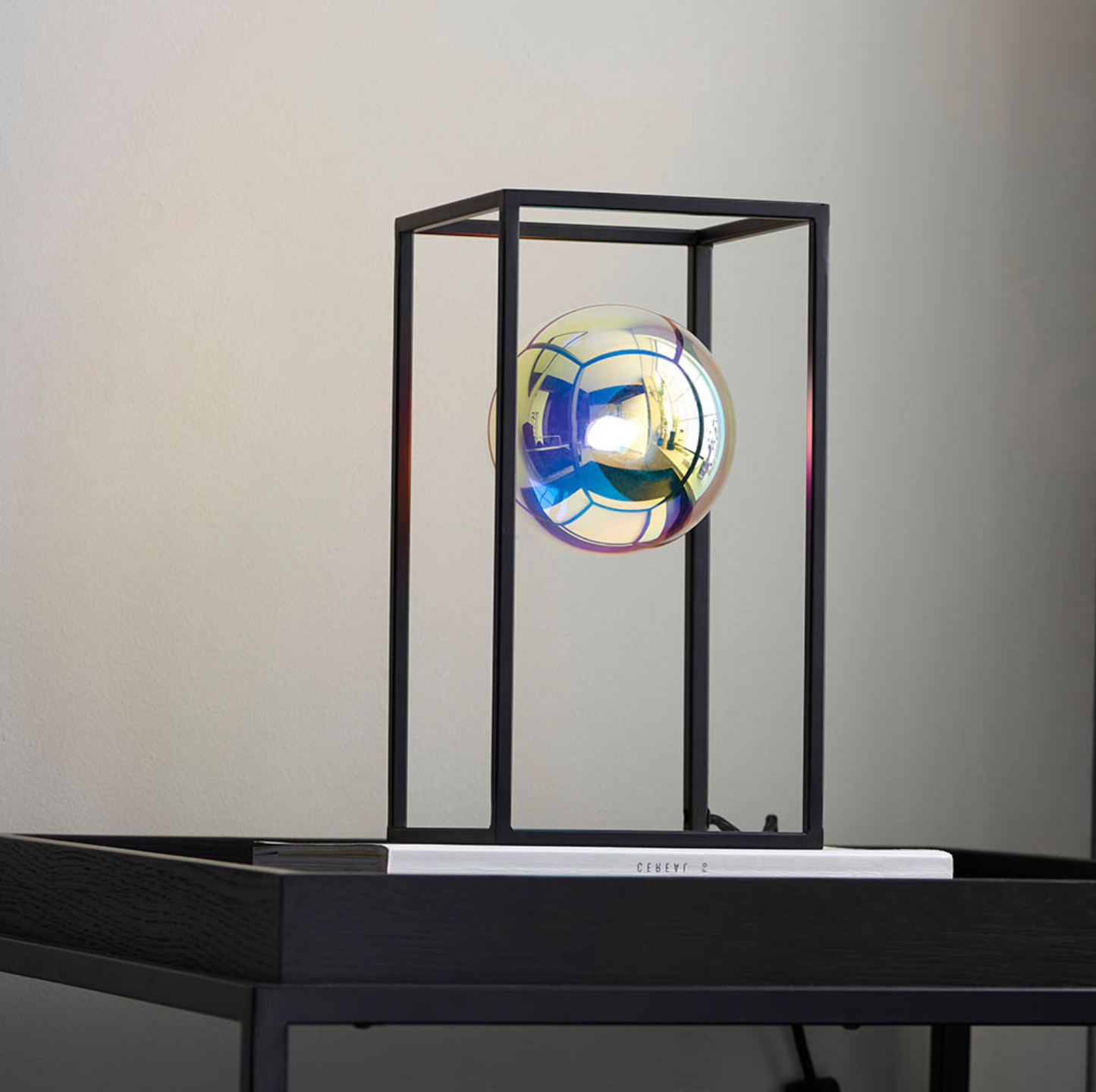 Matt Black Open Frame Table Light With Iridescent Glass - ID 12103