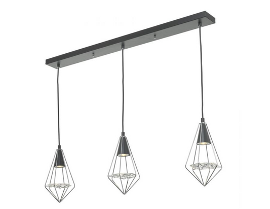 Torridon 3 Light Linear Bar Pendant In Black & Chrome With Glass Feature - 9490